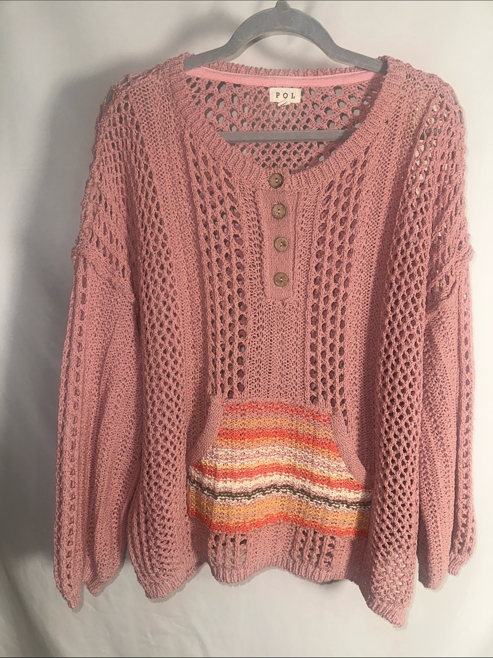 POL Pink Open-Knit Pullover with Multicolor Striped Pocket